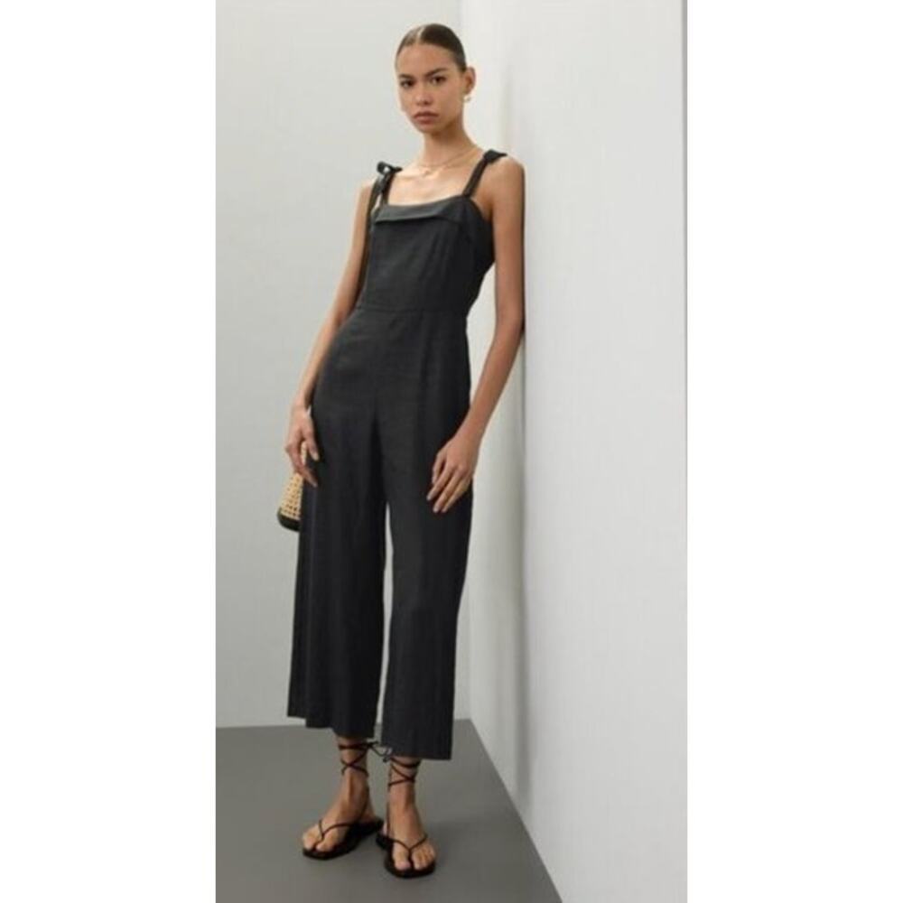 Fifteen Twenty Paloma Jumpsuit 100% Linen Sleeveless Tie Strap Wide Leg Black 10